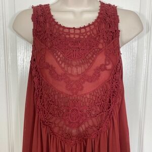 Ultra‎ Pink Blouse L Rust Red Fairy Lace Sheer Back Romantic Festival Embroidery